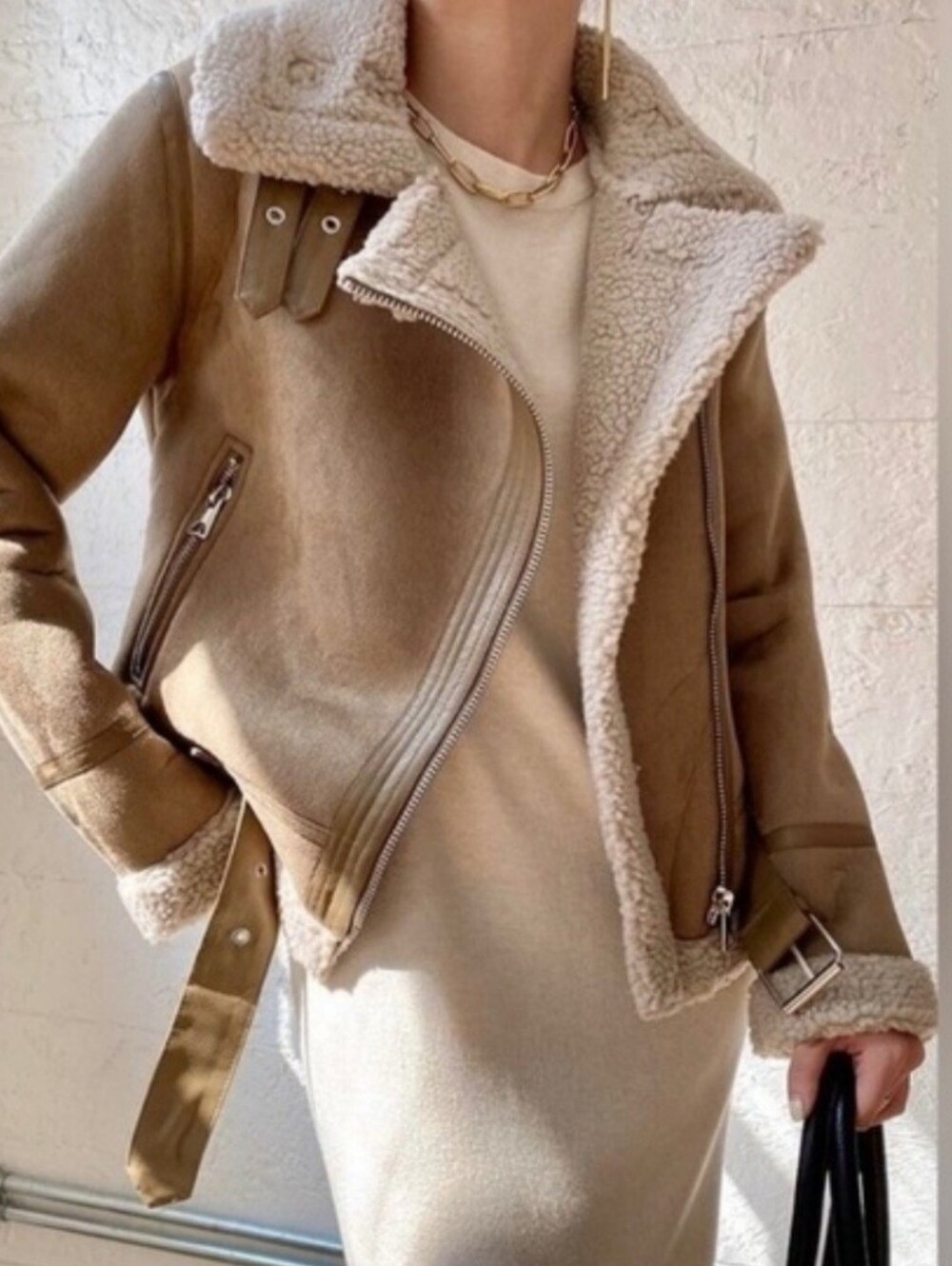 ZARA Faux Suede Leather Fleece Biker Jacket